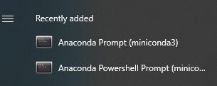 Anaconda options in Start menu