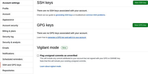 SSH key landing page on GitHub.com.