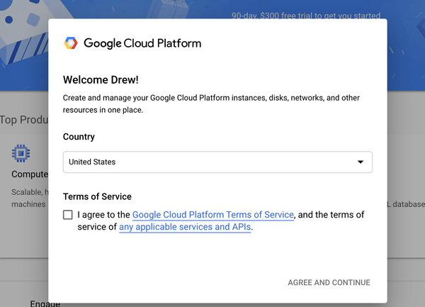 Google Cloud Terms of Service dialog box