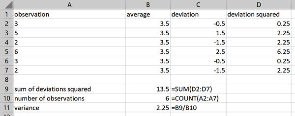 Calculating variance in Excel