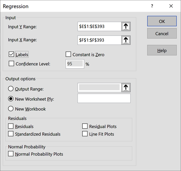 ToolPak regression setup