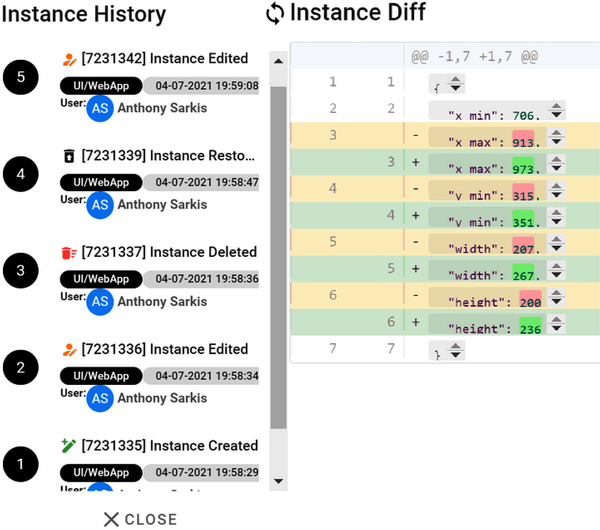 Left, per-instance history in UI. Right, a single differential comparison between the same instance at different points in time