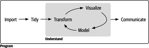 A diagram displaying the data science cycle: Import -> Tidy -> Understand (which has the phases Transform -> Visualize -> Model in a cycle) -> Communicate. Surrounding all of these is Communicate. 
