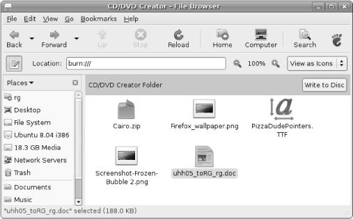 A Nautilus CD/DVD Creator window with files ready to be burned to disk