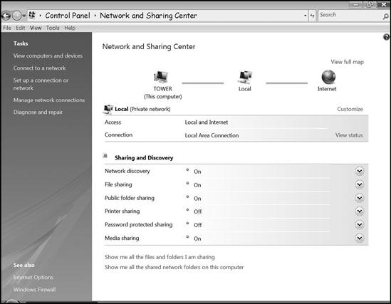 The Network and Sharing Center controls many file-sharing functions.