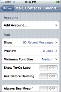 The Mail, Contacts, Calendars screen lets you add a new email account.