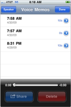 The Voice Memos screen lists all your recorded memos, arranged by date and time.