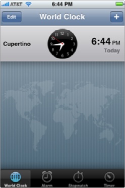 The World Clock screen shows current local time.