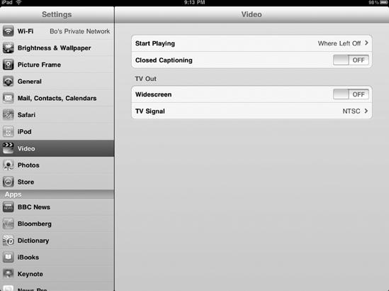 The Video settings screen lets you turn Closed Captioning on or off.