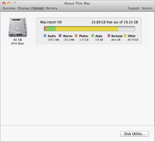 The Storage tab uses colors to show what types of files are taking up space on your hard disk.