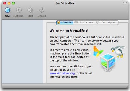The main VirtualBox window lists virtual machines on the left; the list is initially empty.