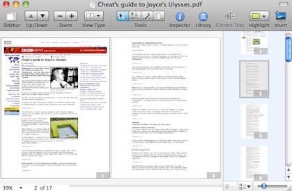 The sidebar, on the right of the document window, can show page thumbnails, annotations, search results, or the document’s table of contents. At the bottom of the sidebar, from left to right, are the sidebar’s size control, pop-up menu, and thumbnail magnification slider.