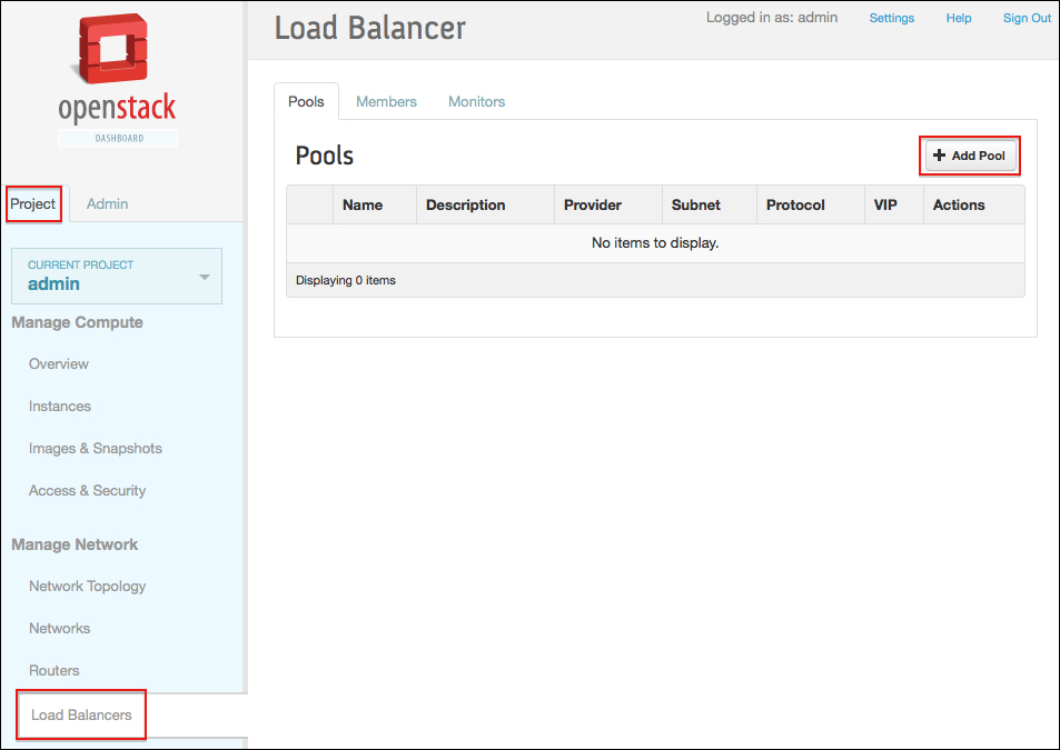 Load balancer management in the dashboard