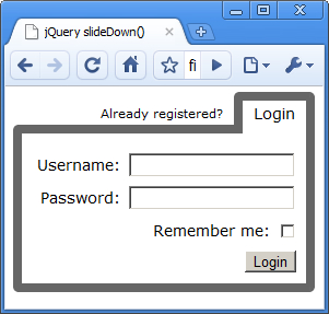 Time for action – creating a slide-down login form - jQuery  Animation  Techniques Beginner's Guide [Book]