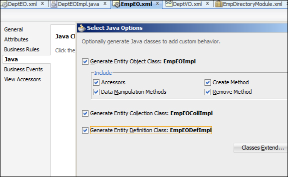 Time for action – generating a Java API for DeptEO