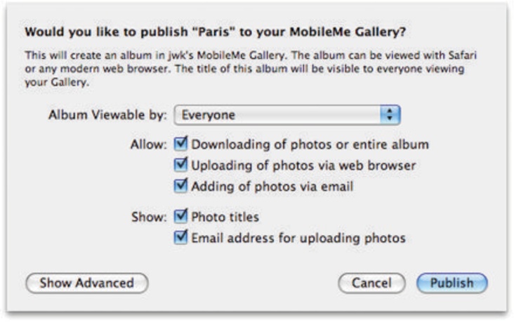 The options here allow you to enable or disable a variety of Gallery features and to control access to your photos.