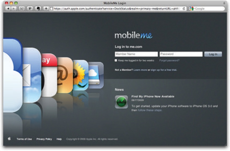 The MobileMe login page, as it appears in Safari.