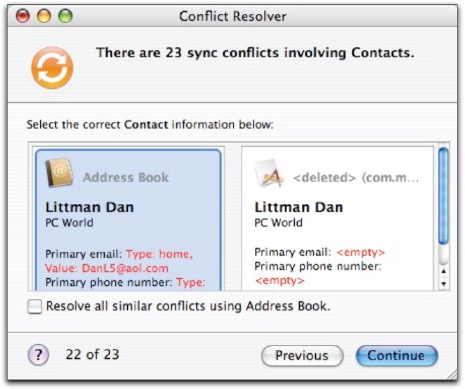 Conflict Resolver identifies a conflict between Address Book and the iPhone.