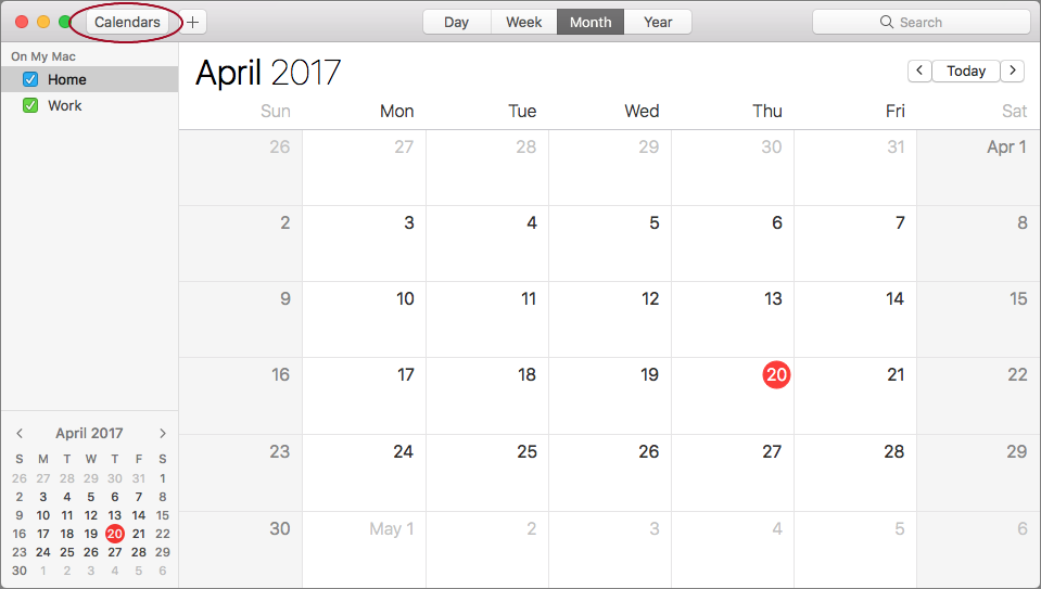 **Figure 3:** By default, the app includes just two calendars, ready for you to fill up with events. If you can’t see the left-hand calendars list, click the Calendars button (circled).