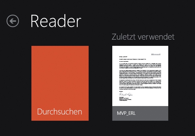 Nach dem Start der Reader-App hat man Zugriff auf zuletzt verwendete Dokumente