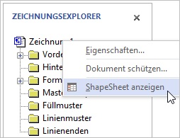Über den Zeichnungsexplorer können die ShapeSheets der Datei und der Formatvorlagen angezeigt werden