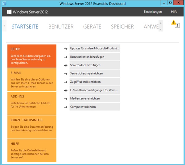Die zentrale Verwaltungsoberfläche von Windows Server 2012 Essentials