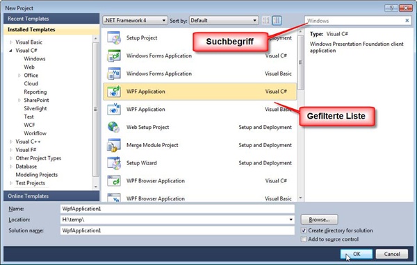 Filtern im Projektdialogfeld in Visual Studio 2010