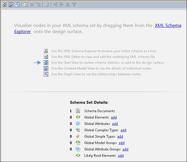 Die Startseite des XSD-Designers gibt Informationen über die Möglichkeiten