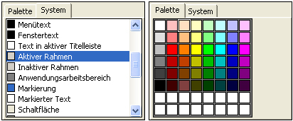 Farbpaletten des Eigenschaftenfensters