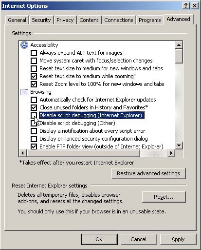 Aktivierung des Skript-Debuggings in Internet Explorer