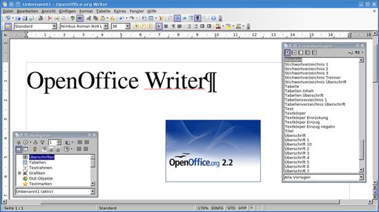 OpenOffice Writer mit Navigator- und Formatvorlagen-Fenster