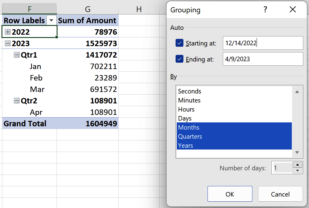 Screenshot of dialog box and PivotTable