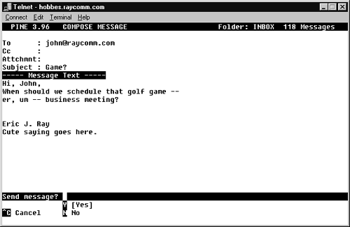 Sending e-mail with pine - Unix: Visual QuickStart Guide [Book]