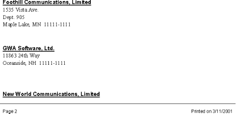 Page 2 of rptBadBreaks shows an inappropriate break for New World Communications