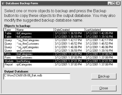 frmBackup backing up selected database objects