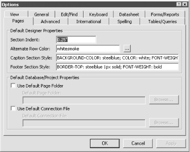 The default Pages options