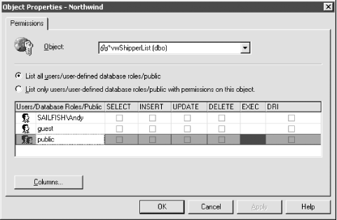 Using SQL Server Enterprise Manager to grant permissions for views