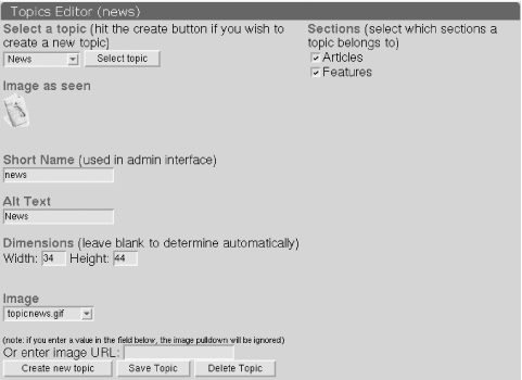 The Topics Editor page