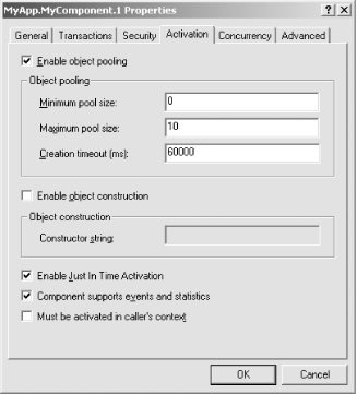 The COM+ component’s Activation tab