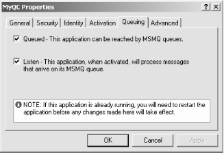 The COM+ server application Properties page’s Queuing tab
