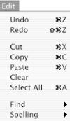 Default Edit menu provided for a new Cocoa application in IB