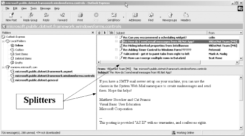 Splitter controls used in Outlook Express
