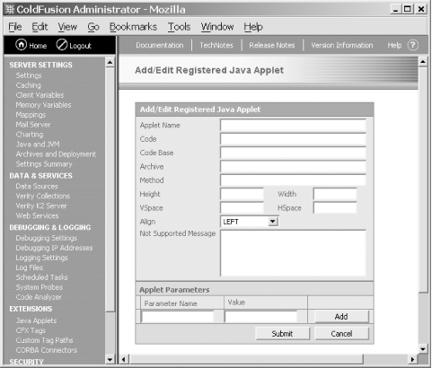 The applet registration page of the ColdFusion Administrator