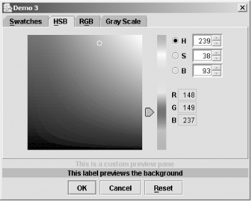 A custom preview panel added in a JColorChooser object