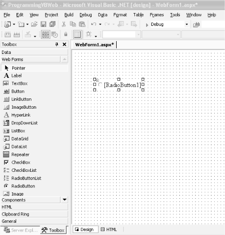 Dragging buttons onto the Web Form