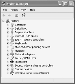 The Windows XP Device Manager displaying all installed devices