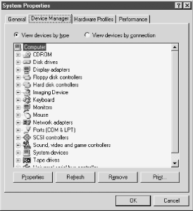 Windows 98 Device Manager displaying all installed devices