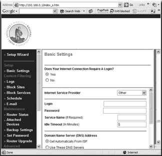 To enter your PPPoE user name and password, select Other from the list of options in the Internet Service Provider drop-down list. In most cases, all you need to enter are the PPPoE login name and password that you have in hand. In rare instances, you might need to specify a service name, which you'll get from your ISP. You can just ignore the timeout field.