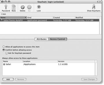 This panel lists the programs that are allowed to "see" this password—yet another degree of security. The "Confirm before allowing access" checkbox gives you another layer of protection. If you turn on the checkbox here, Mac OS X asks you for permission before filling in a password for you automatically.