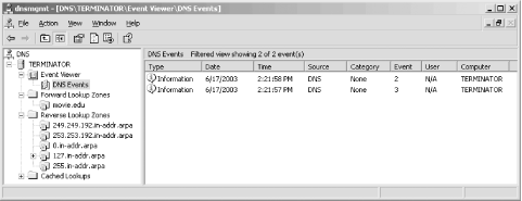 Viewing events in DNS console